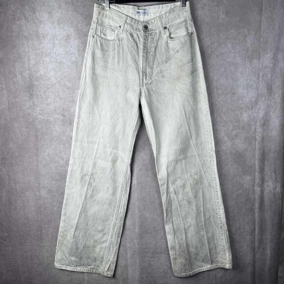 ZARA Jeans Womens 6 Zip Waxed Denim Straight 5-Pocket Gray - Picture 1 of 7